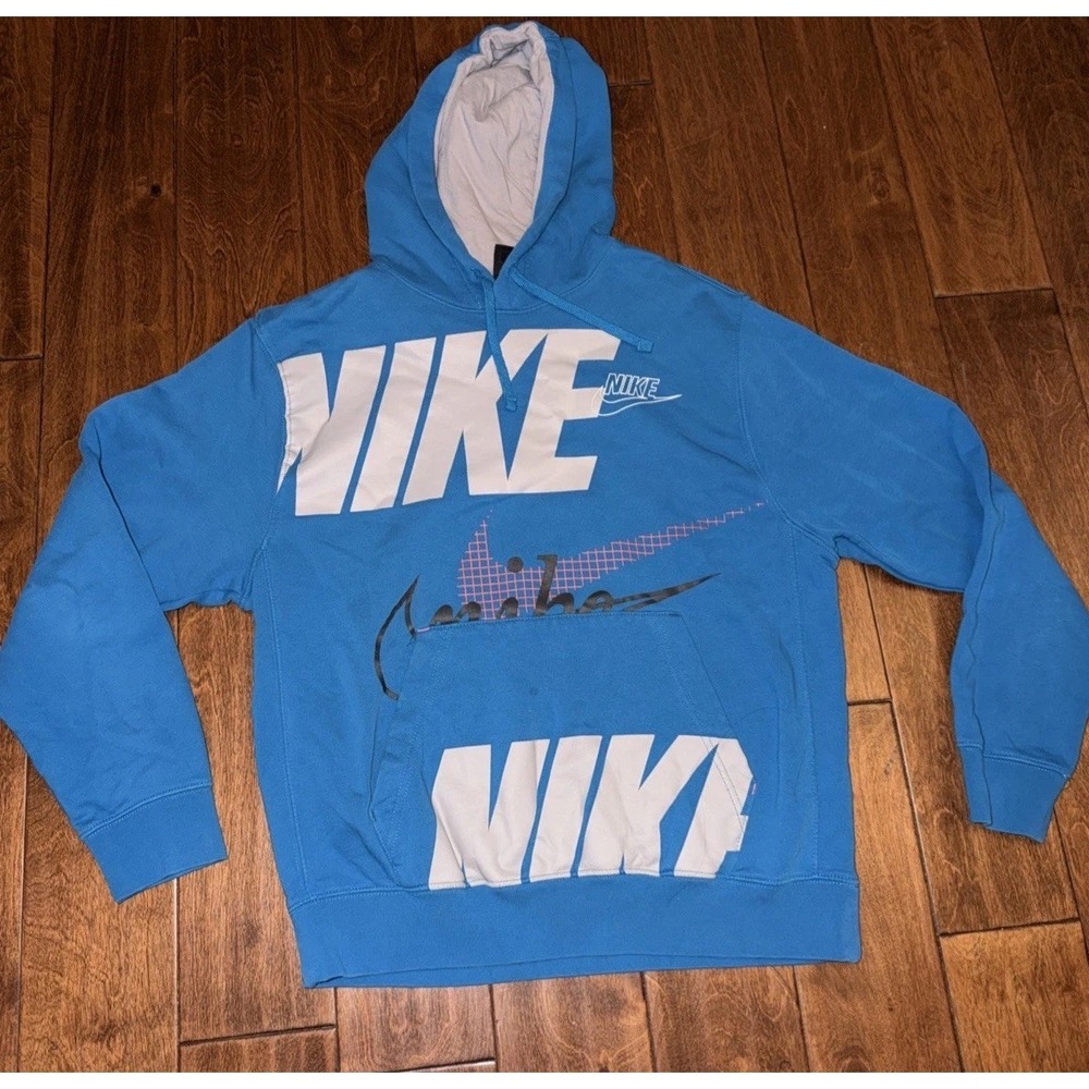 Nike Evolution of the Swoosh Sunburst Hoodie Medium Blue Multi Logo Grid Script